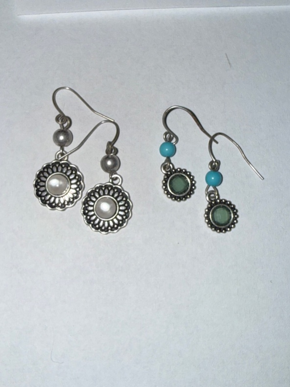 Silver-Tone Drop Earrings Set with White and Turquoise Accents - Unbranded